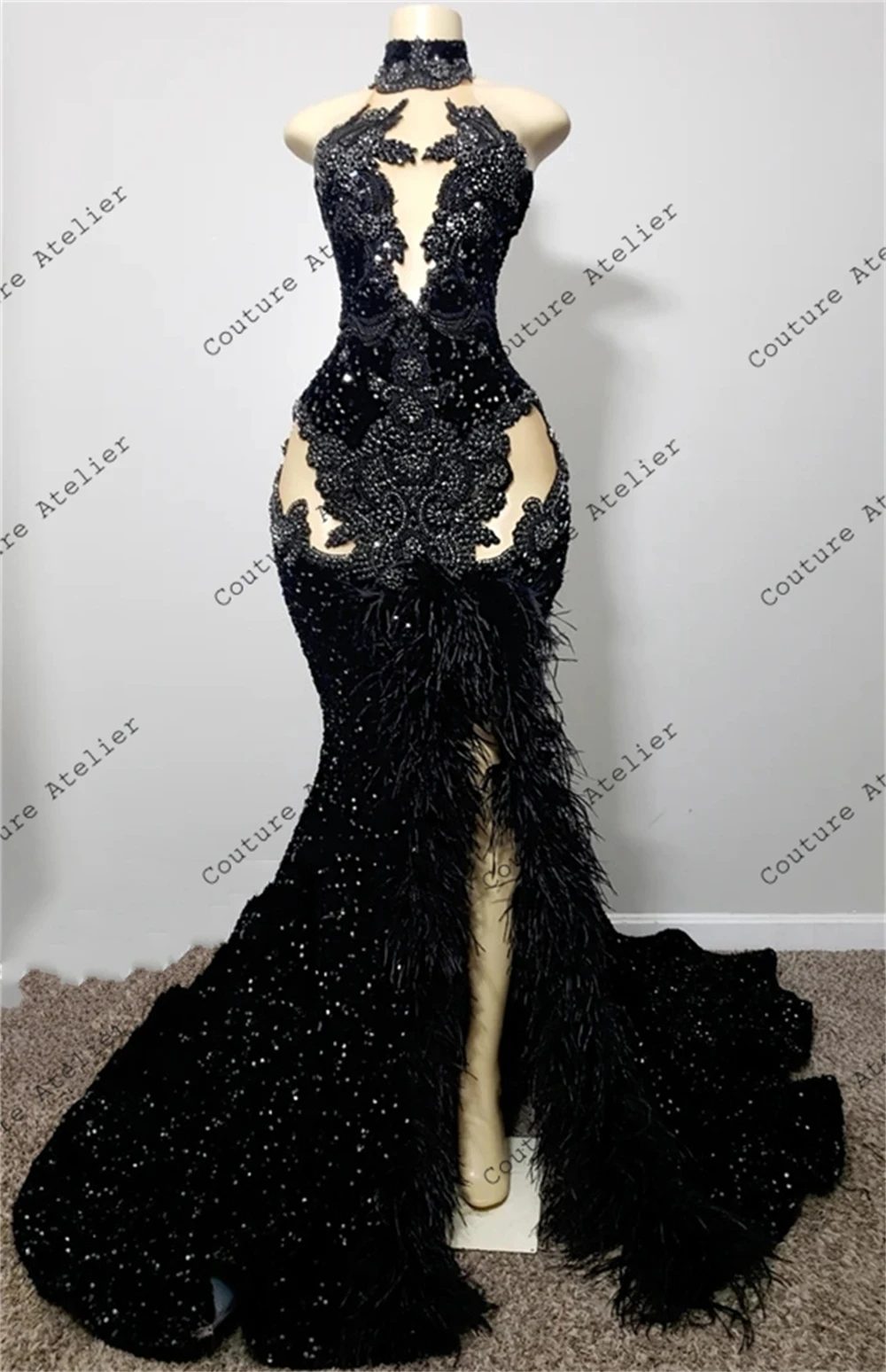 Black Hight Neck Velvet Sequin Mermiad Prom Dresses For Black Girls Sparkly Dress Evening Dresses Long Luxury 2024 Party Gown