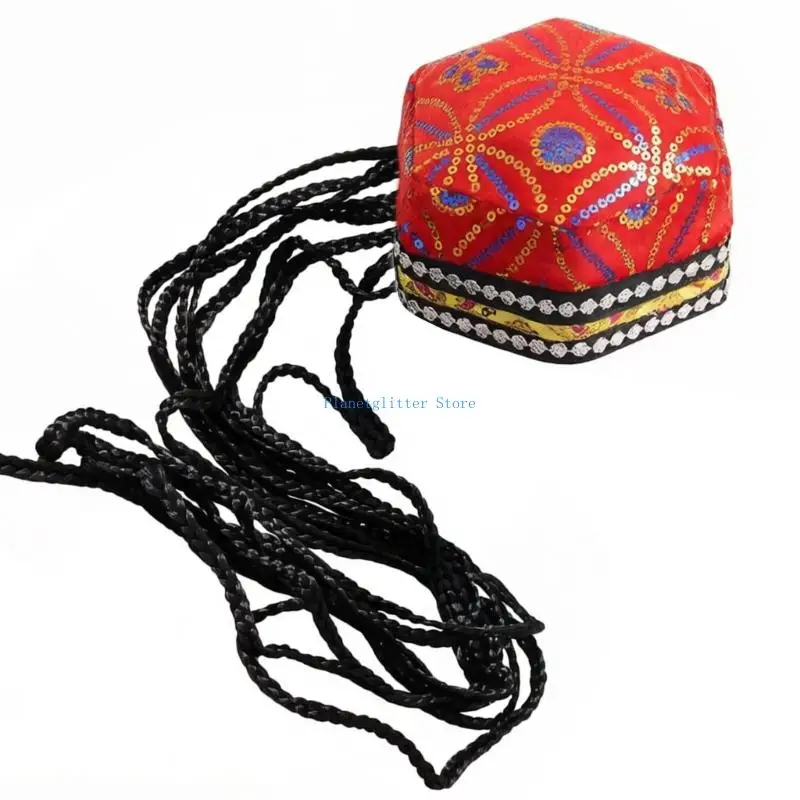 652B Shimmering Hexagonal Hat With Braids And Floral Decors Ethnic Uyghur Hat For Theater Show And Stage Perfomrances