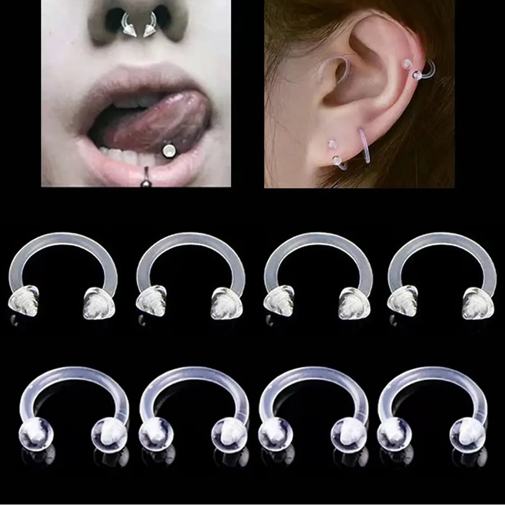 30X 16G Acrylic Flexible Horseshoe Nose Ring Septum 6mm - 12mm Bar Retainer 3mm Ball Cone Ear Lip Stud Piercing