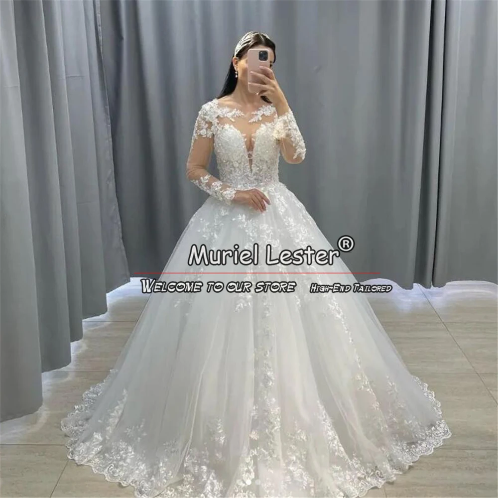 

Luxury Ivory Wedding Dresses For Bride Long Sleeves Appliques Beading Bridal Gown Custom Made Women Formal Party Dress Elegant