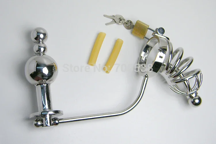 ذكر سيامي المكونات الشرج قفص القضيب جهاز العفة الفولاذ المقاوم للصدأ بعقب الخرز القضيب قسطرة الإحليل الجنس لعب الكبار حزام العفة #2