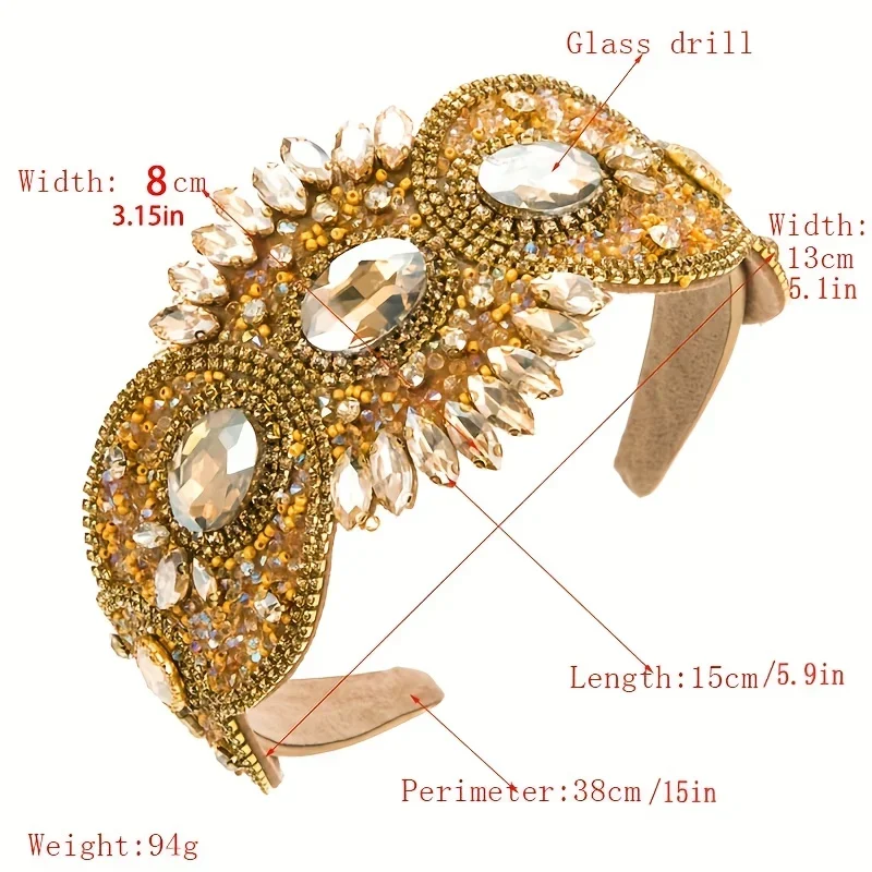 Ladies Ethnic Headband Retro Light Luxury Heavy Industry High-end Rhinestone Wide Headband Prom Elegant Hair Accessories