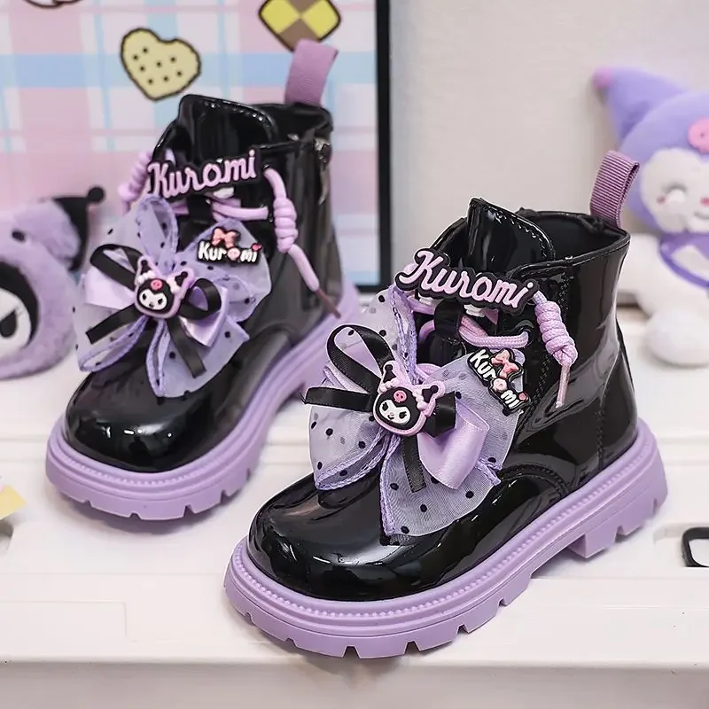 2024 Kawaii Sanrio Kuromi Girls Boots Autumn Sweet Cute Cartoon Children Martin Boots Princess Shoes Leather Boots Gift for Kids