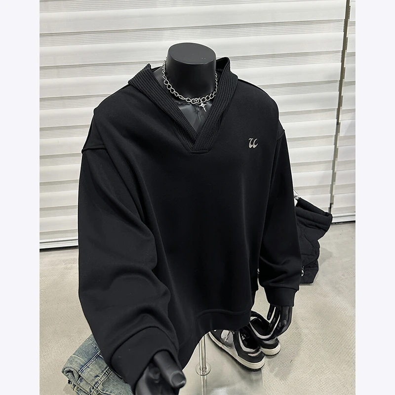 Hip Hop Men Streetwear Contrast Color Hooded Oversize Casual Hoodie American Retro Style V-neck Pullover Hooded