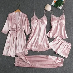 New Women's pajama Satin 5PCS Summer Lace Patchwork Sexy Women Nightwear Thip Suit Nightdress Wle Robe Sleest Padsith Chen Sty