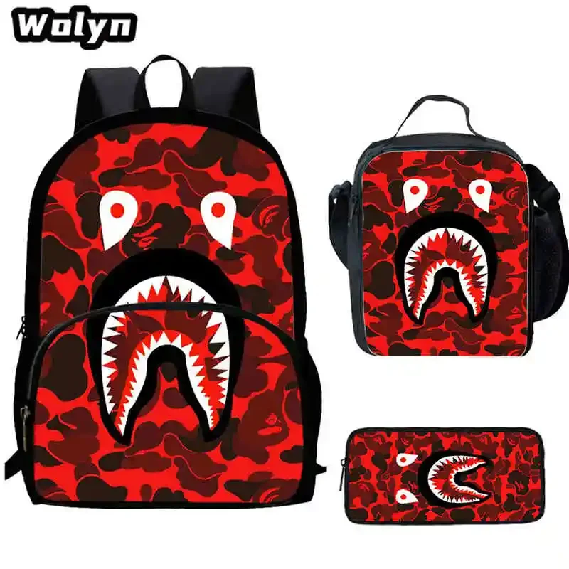 

3Pcs Set Cartoon Camouflage Shark School Backpack Lunch Bags Pencil Bags for Grade 1-3 , Cartoon School Bag for Boys Girl