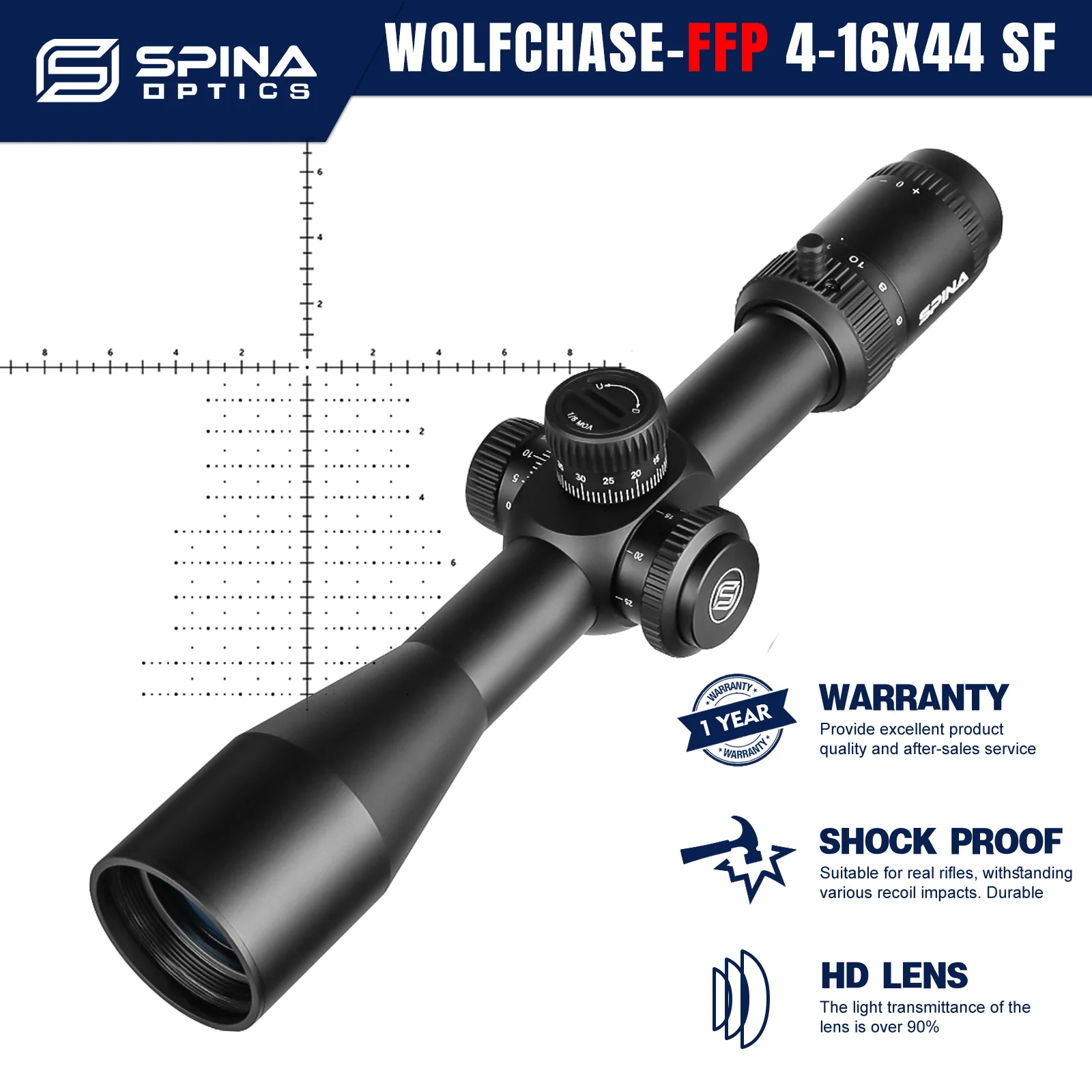 SPINA OPTICS HD WolfChase 4-16x44 FFP Lunette de Visée Tactique à Premier Plan Focal Réticule Gravé Parallaxe 10 yards 22LR .223 .308