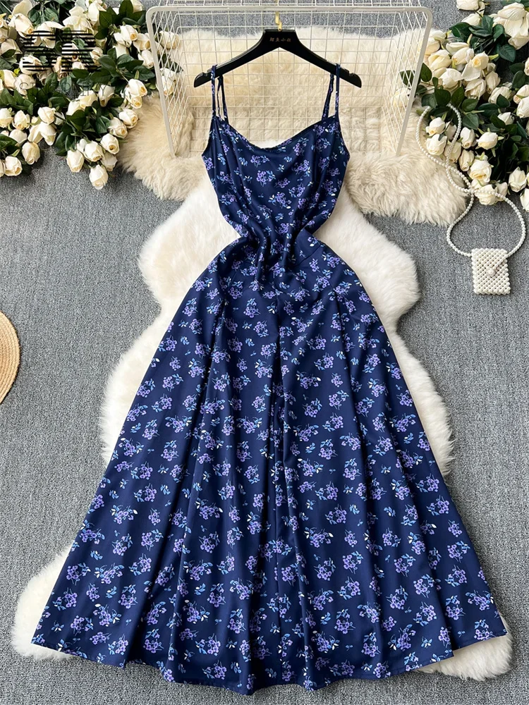 SINGREINY Floral Print A Line Long Dress Women Strap Backless Soft Zipper Fashion 2024 Ladies French A Line Summer Dresses