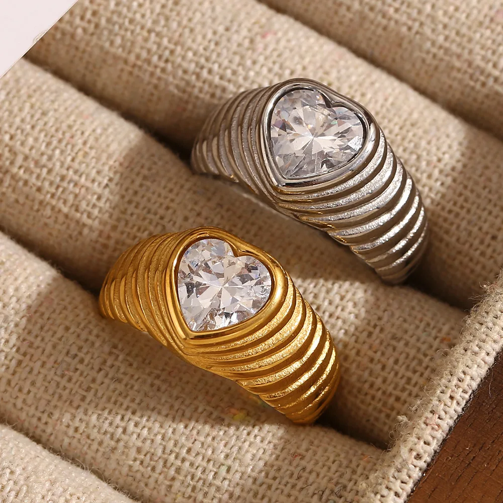 

Ailodo Elegant Cubic Zirconia Heart Rings For Women Romantic Stainless Steel Party Wedding Rings Simple Fashion Jewelry Gift