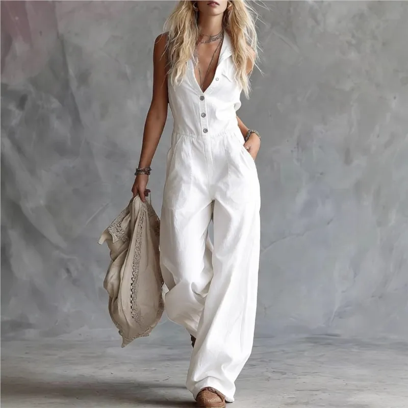 

Модный комбинезон в западном стиле с V-образным вырезом, на пуговицах спереди, без рукавов, повседневный, с карманами, широкими штанинами, новый летний однотонный ромпер для женщин