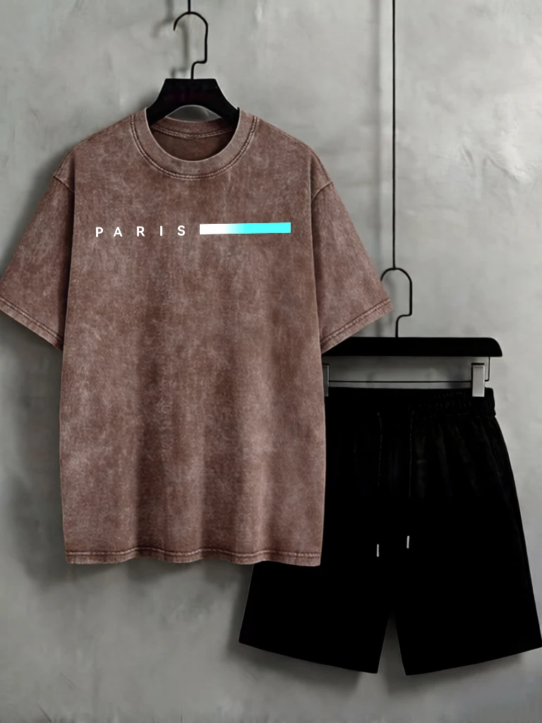 

Paris Creative Letter Print Washed Man T-Shirt Summer Fashion Retro Tee&Shorts O-Neck Cotton Clothes Hip Hop Jogging Streetwear