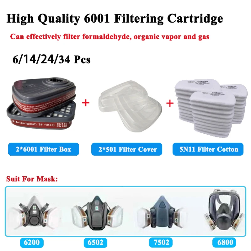 6001 Cartridge Box 5N11 Cotton Filters Set For 3m 6200/6502/7502/6800 Dust Gas Masks Chemical Painting Spraying Respirator 