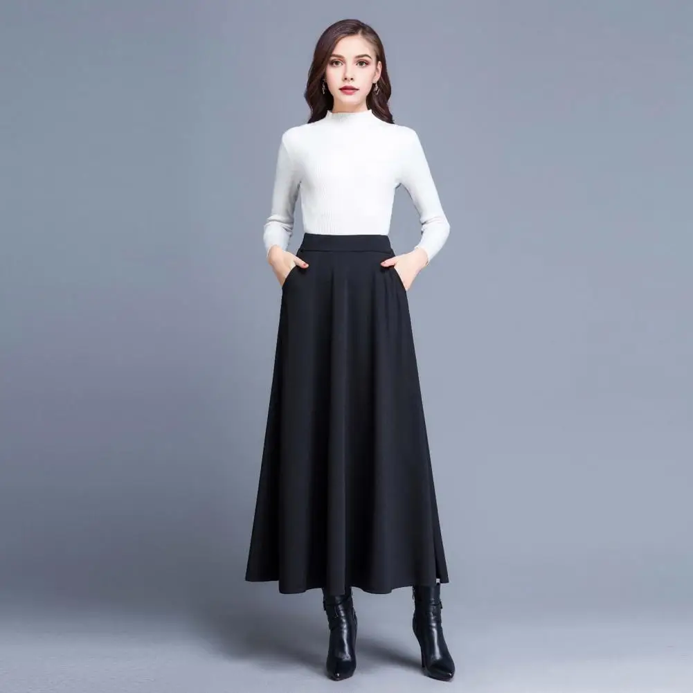 Rok ayun pinggang tinggi wanita, rok Maxi koleksi pinggang tinggi model A-line dengan saku warna Solid untuk perempuan