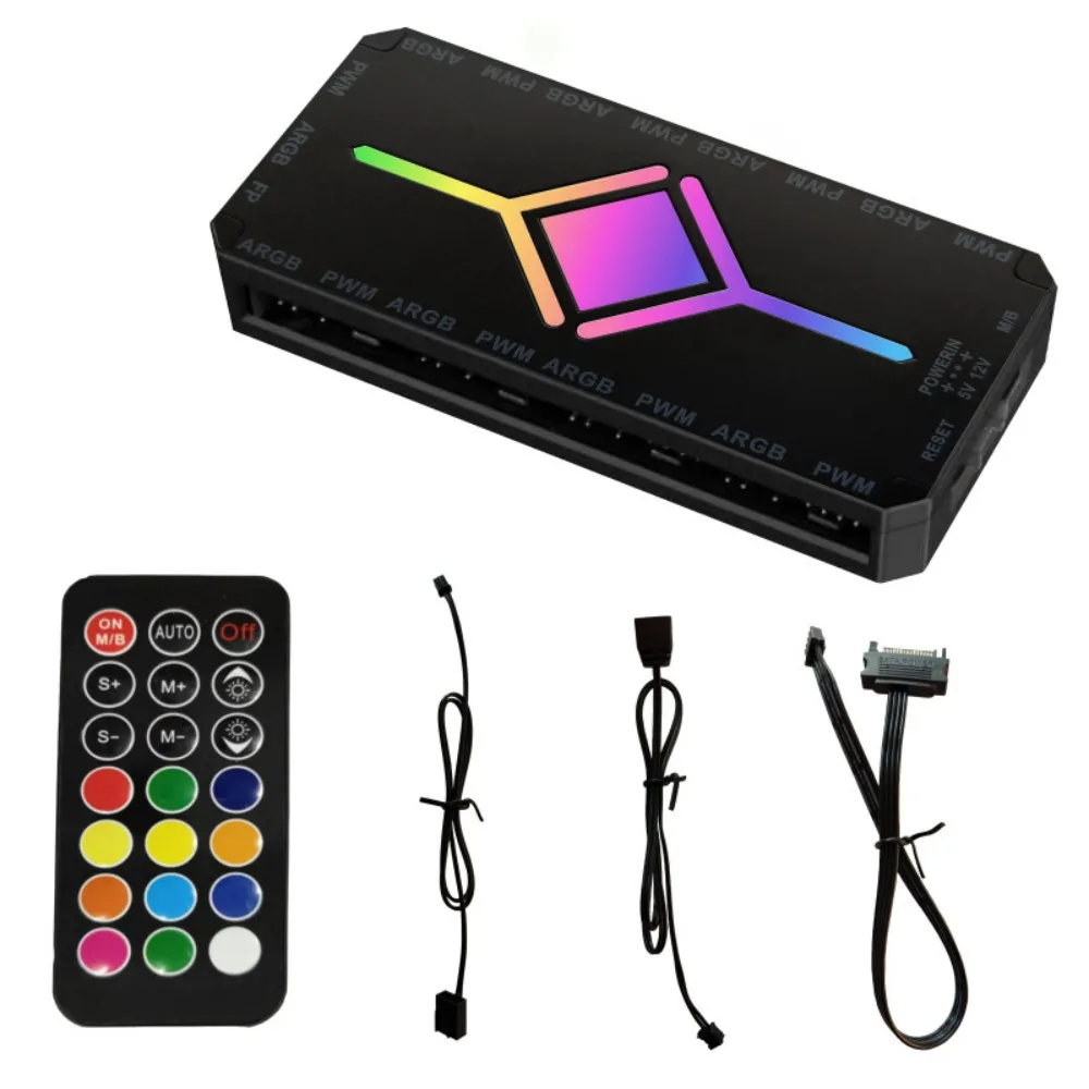 Portable 5V 3 Pin ARGB Fan Hub RGB Sync Multi-Interface PWM Fan Splitter Remote Control Fan Hub Controller PC Build