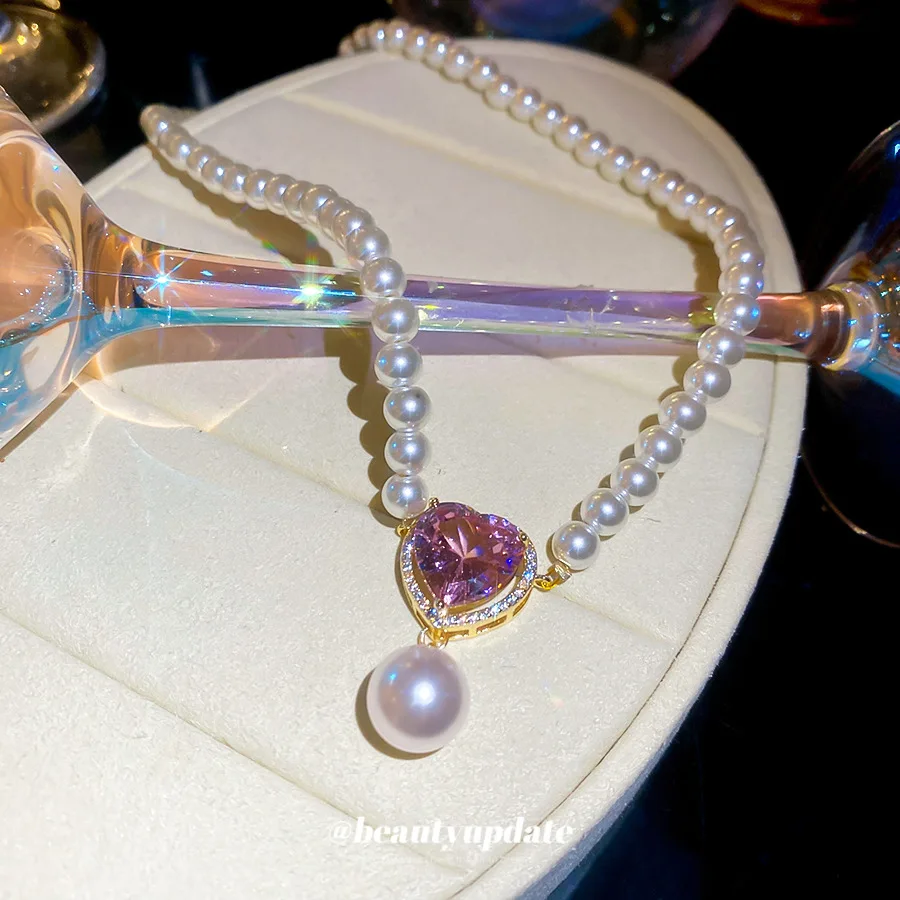 Shining Zircon Love Pearl Necklace Exquisite High-end Collarbone Chain Sweet Neck Chain Jewelry Goth Choker Luxury Fashion
