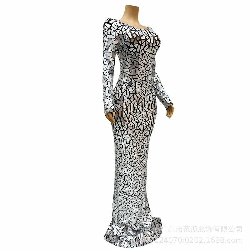 Srebrna Sukienka z Cekinami Strój Sceniczny dla Wokalistki Elegancka Atmosfera Suknie na Uroczystości Absolutorium Abito Da Cerimonia Donna