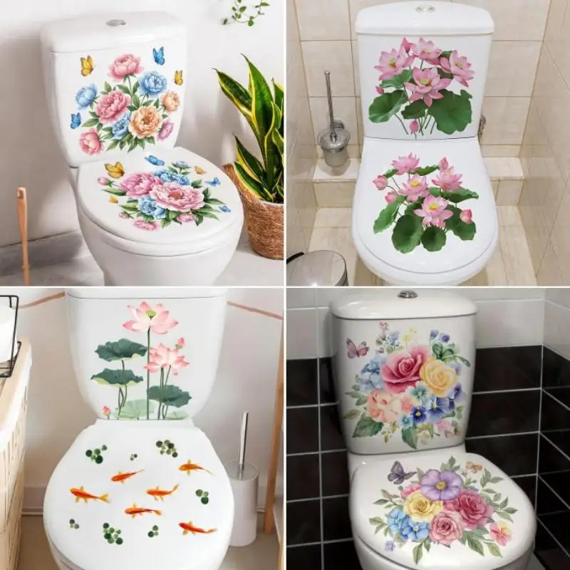 [J] Floral Toilet Sticker Waterproof Bathroom Wall Sticker Toilet Lid Sticker Self-Adhesive Removable Decals Home Decor