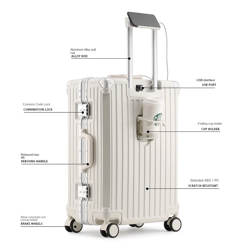 20/22/24/26 Inch Travel Suitcase Rolling Luggage Aluminum Frame Trolley Case With wheels Carry-on Luggage with Cup holder