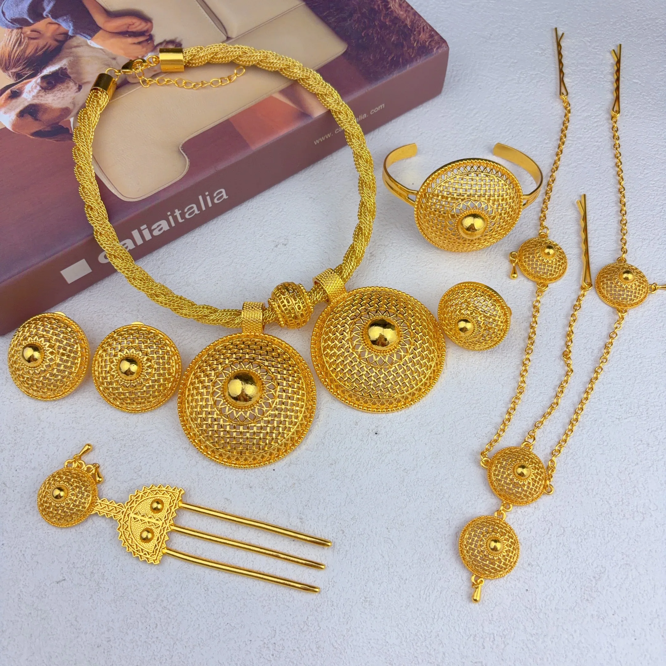 Äthiopische 24k Goldfarbene Schmucksets für Frauen, Hochzeit, Luxus, Dubai, große Blumenform, nigerianisches 6-teiliges Halsketten-Schmuckset, Geschenk