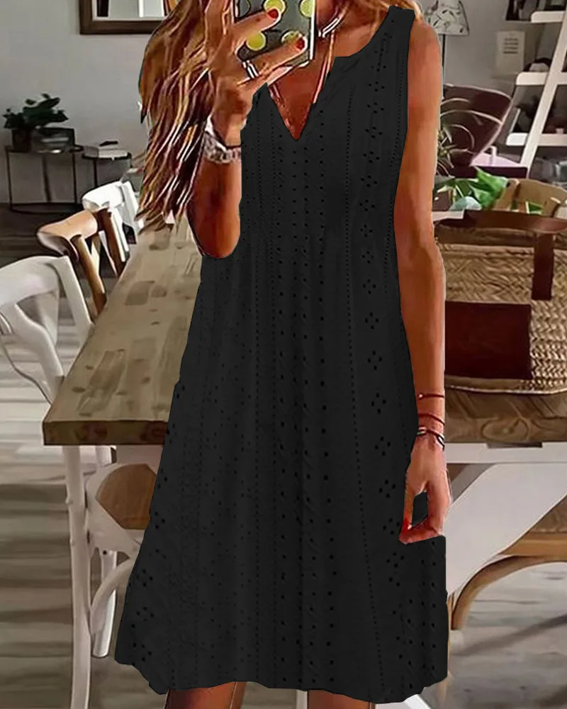 Women's Dress 2024 Summer New Eyelet Embroidery Hollow V-Neck Casual Dress Plain Short Dress Sleeveless Mini Dress