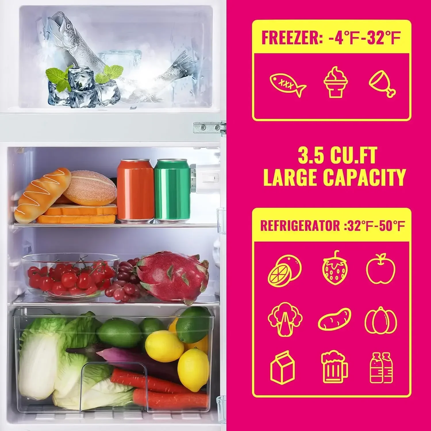 3.5 Cu.ft Dual Door Retro Mini Fridge, with freezer and adjustable temp, perfect for apartment, dorm, office and RV