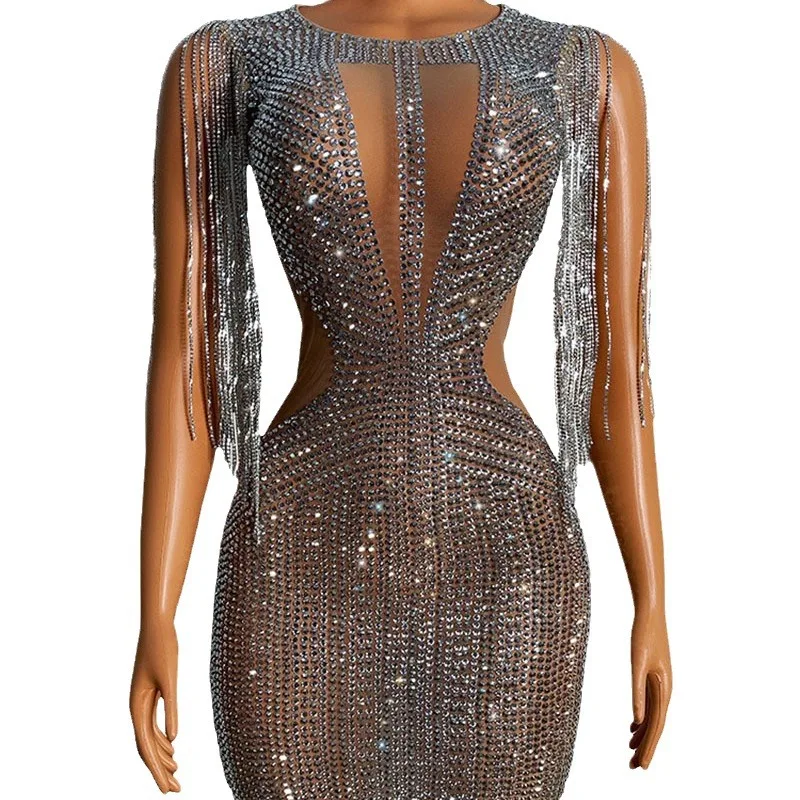 Silver Diamond Chain Sexy Mini Plus Club Dress Luxury Mesh See-Through Dress Birthday Gift Robe De Soiree Elegante Pour Femme