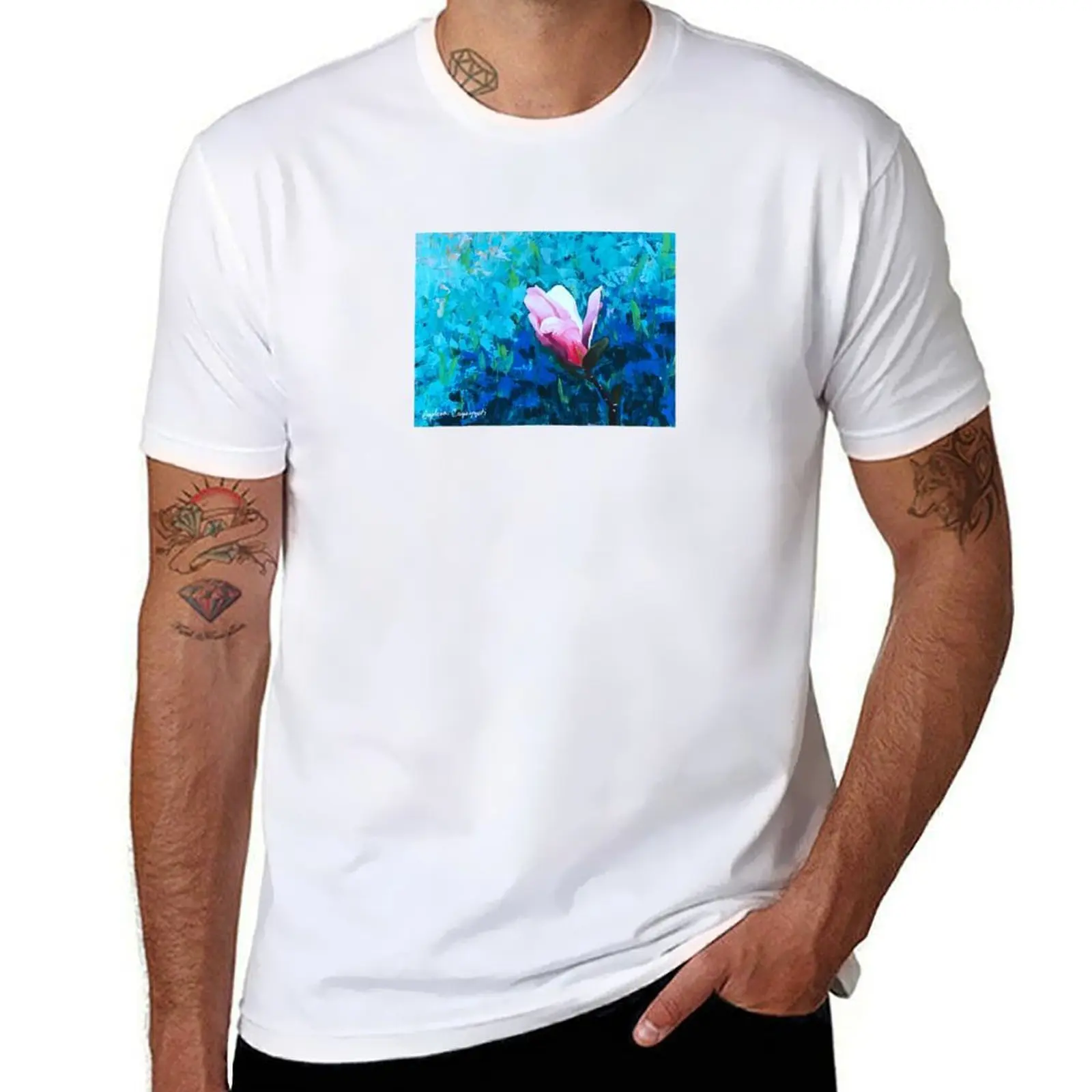 

Magnolia Flower Acrylic Painting T-Shirt black cotton t-shirt plain for man package t shirts designer T-Shirt