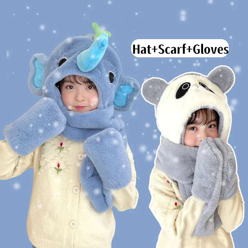 Cute Children Winter Windproof Hat Scarf Glove Three Piece Set Cartoon Comfortable Plush Warm Scarf for Girls Boys Thicken Cap