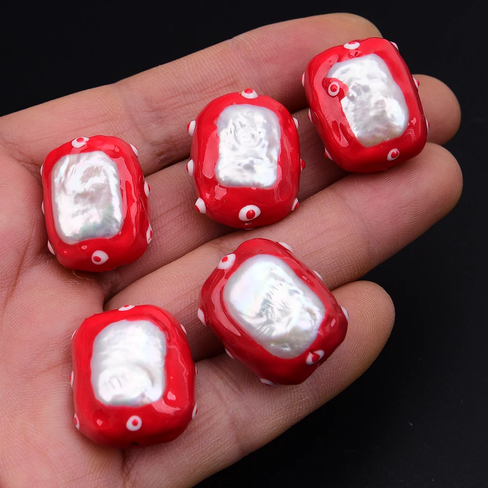 APDGG 5 Pcs Natural White Keshi Pearl Rectangle Shaped Red Enamel Glaze craftsmanship Edge Loose Beads Jewelry DIY