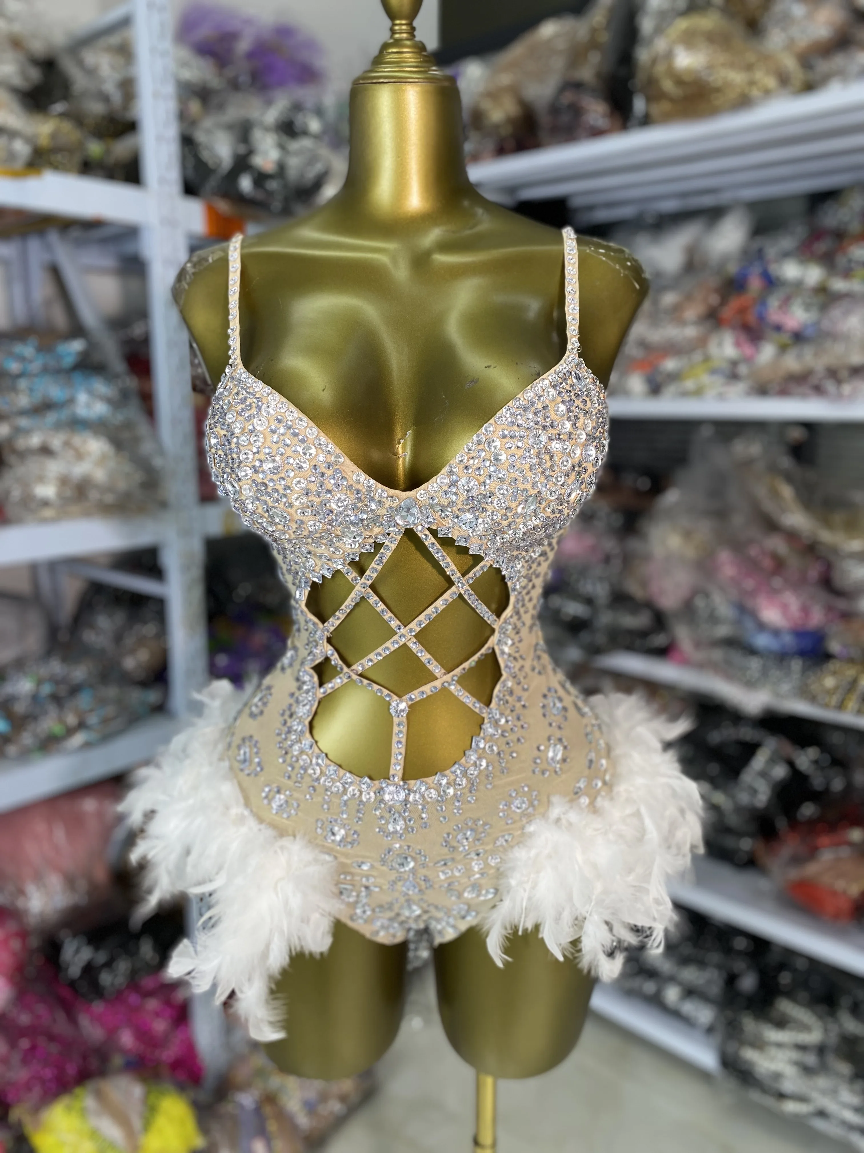 

Women Sexy Hollow Slip Performance Dance Costumes Singer Dancer Stage Wear Party Outfit Sparkly Rhinestones Feathers Bodysuit