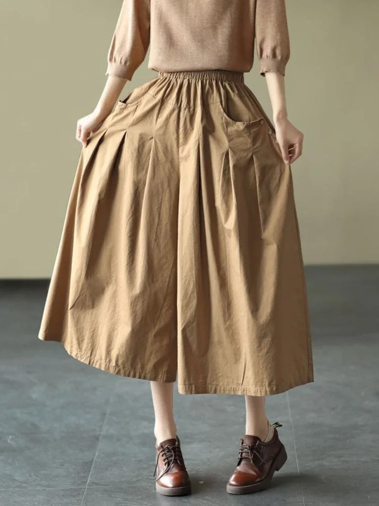 

Cotton Skirt Pants Loose High Waist Summer Fashion Cropped Pants Retro Pocket Khaki Black Elastic Waist Wide Leg Pants for Women