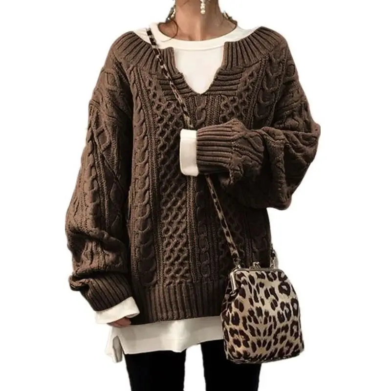 New European and American style knitted sweaters for women, featuring a cable knit pattern, perfect for casual wear