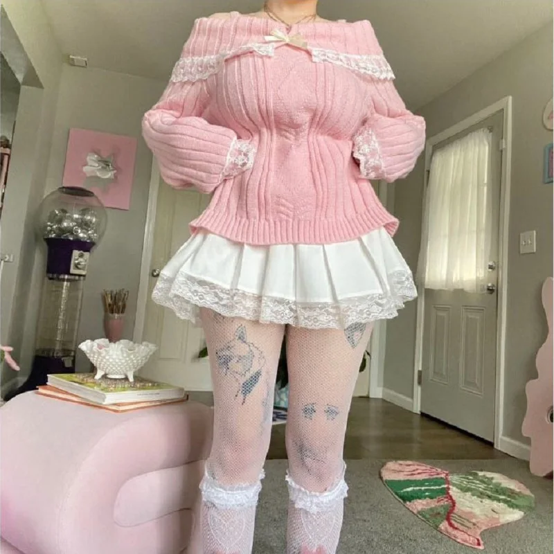 Y2K Cute Pink Sweater Sweet Pullovers Long Sleeve Bow Lace Patchwork Pullover Women Off Shoulder Knit  Jumpers Streetwear