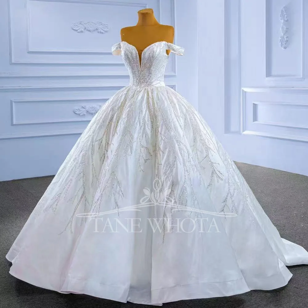 

Sweetheart Off-Shoulder Lace-Up Back Ball Gown Sequined Wedding Dress Luxury Customized Noiva Vestidos
