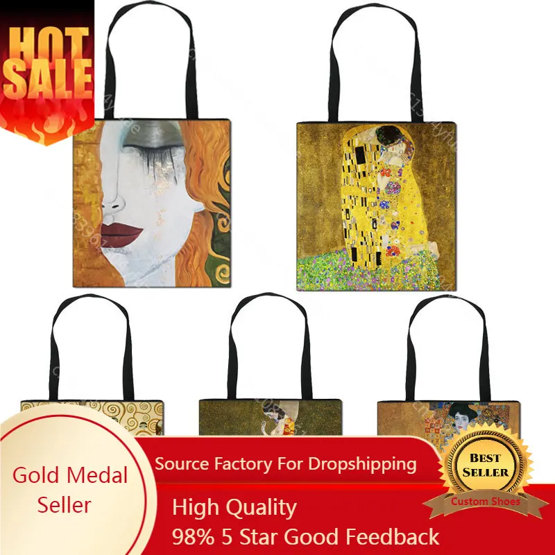 

Oil Painting Tears / Kiss Shoulder Bag Gustav Klimt Art Prints Women Handbag Ladise Big Capacity Canvas Shopping Bag Large Totes