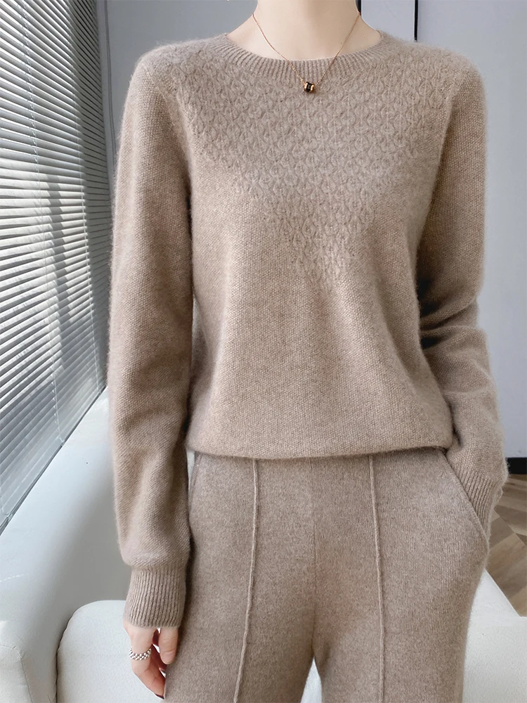 

Women Casual Loose O-Neck Pullover 100% Merino Wool Knitted Sweater Autumn Winter Twist Flowe Solid Color Comfortable Warm Tops