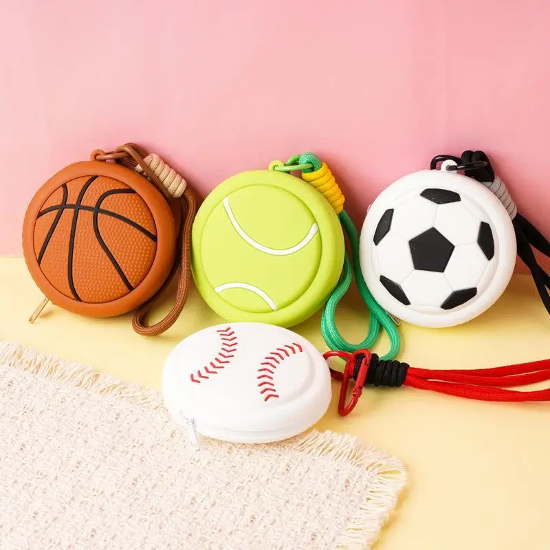10pcs Basketball Football Silicone Coin Purse Keychain Mini Earphone Storage Bag Zipper Pouch Gift