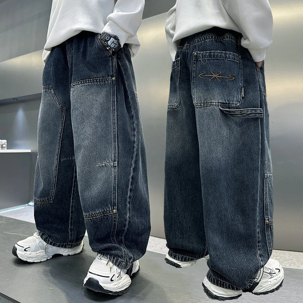 

Vintage Blue Children's Baggy Jeans Loose Casual Denim Pants for Boys Autumn Spring Fashion Brand Patchwork Design Trousers
