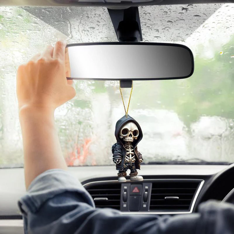 New Cool Car Skeleton Skull Resin Figurine Statue Desk Decor Display Auto Rearview Mirror Pendant Gothic Accessory