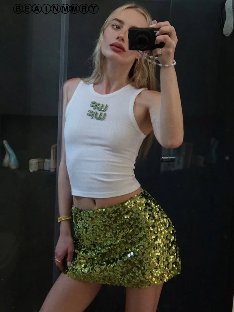 Summer Green Sequins Slim Fit Mini Skirt Women Sexy Shiny Solid Fashion Bodycon A-line Short Skirts 2025 New Lady Streetwear