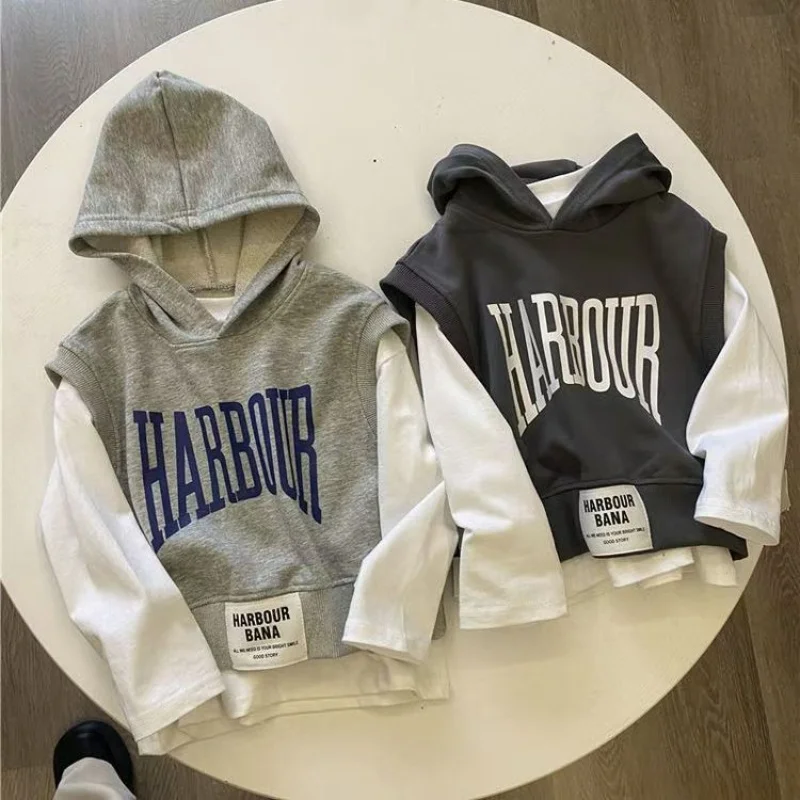 

Boys Autumn 2025 New Baby Fashionable Letter Sweater +Hooded Vest Two Piece Children's Spring Autumn Sweater Set 3-10 Years