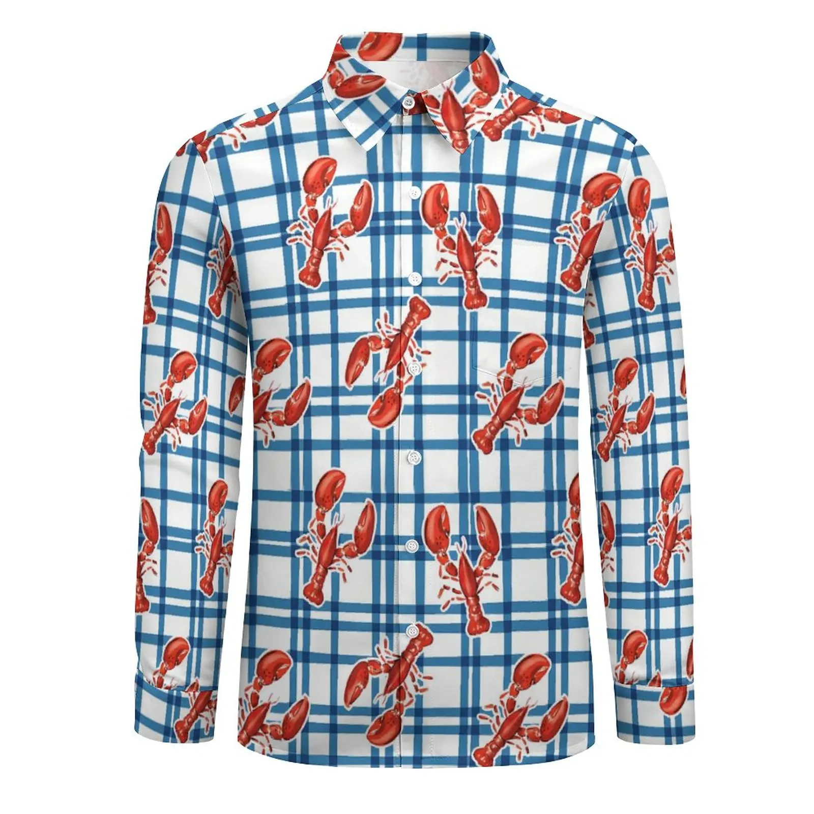 Love of Lobsters Shirt Autumn Blue Plaid Casual Shirts Men Elegant Blouse Long Sleeve Graphic Harajuku Top Plus Size