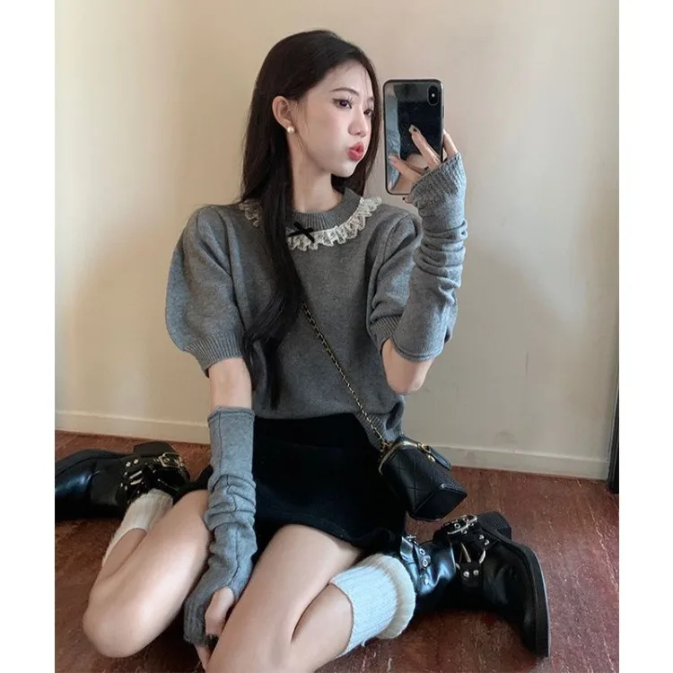 

Korean Lace Long Sleeve Sweater For Women Autumn Lazy Style Knitted Bottoming Top Fashion Sweet Bow Red Pullovers Mujer