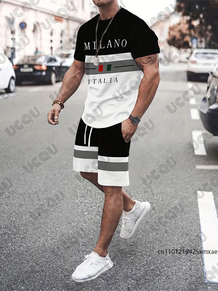 

Men's Tracksuit Summer Milano Italia Print Short Sleeve T-Shirt Set Casual Suit Sports Streetwear Shorts 2 Piece Male Clothes