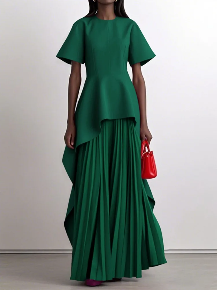 Yeezzi Elegant Women's Wedding Banquet Peplum Dress 2025 New Short Sleeves Pleated Irregular Hem Party Evening Maxi Dresses