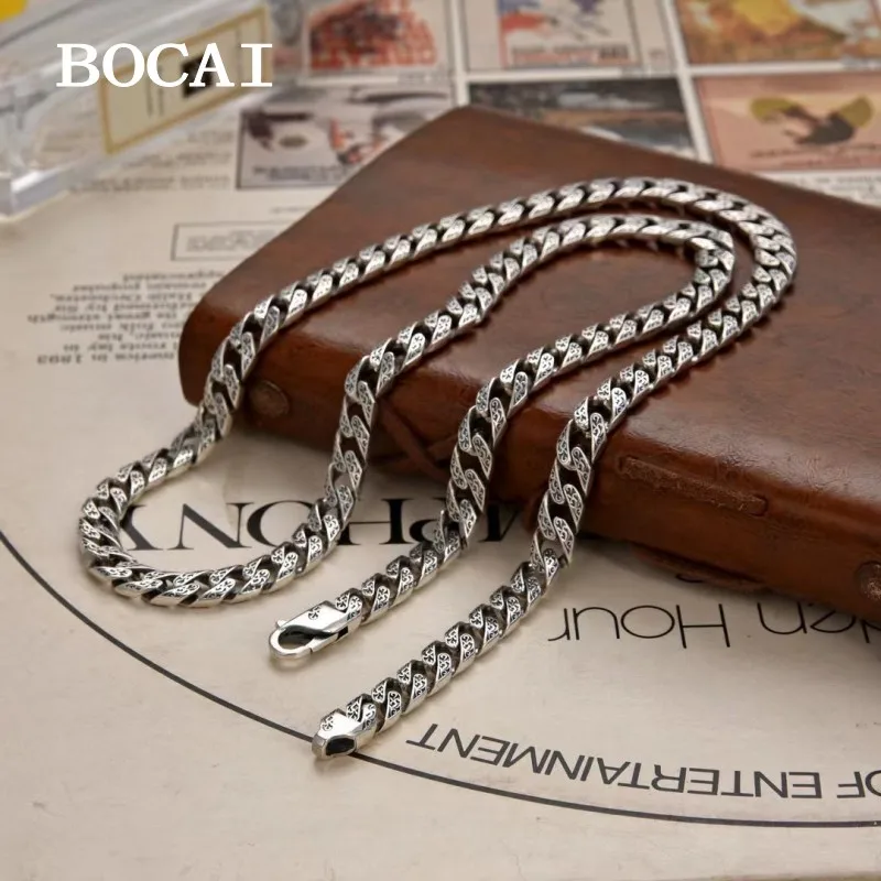 

BOCAI New S925 Sterling Silver Vintage Personalized Punk Trendy Cuban Chain Vine Grass Pattern Necklace Men