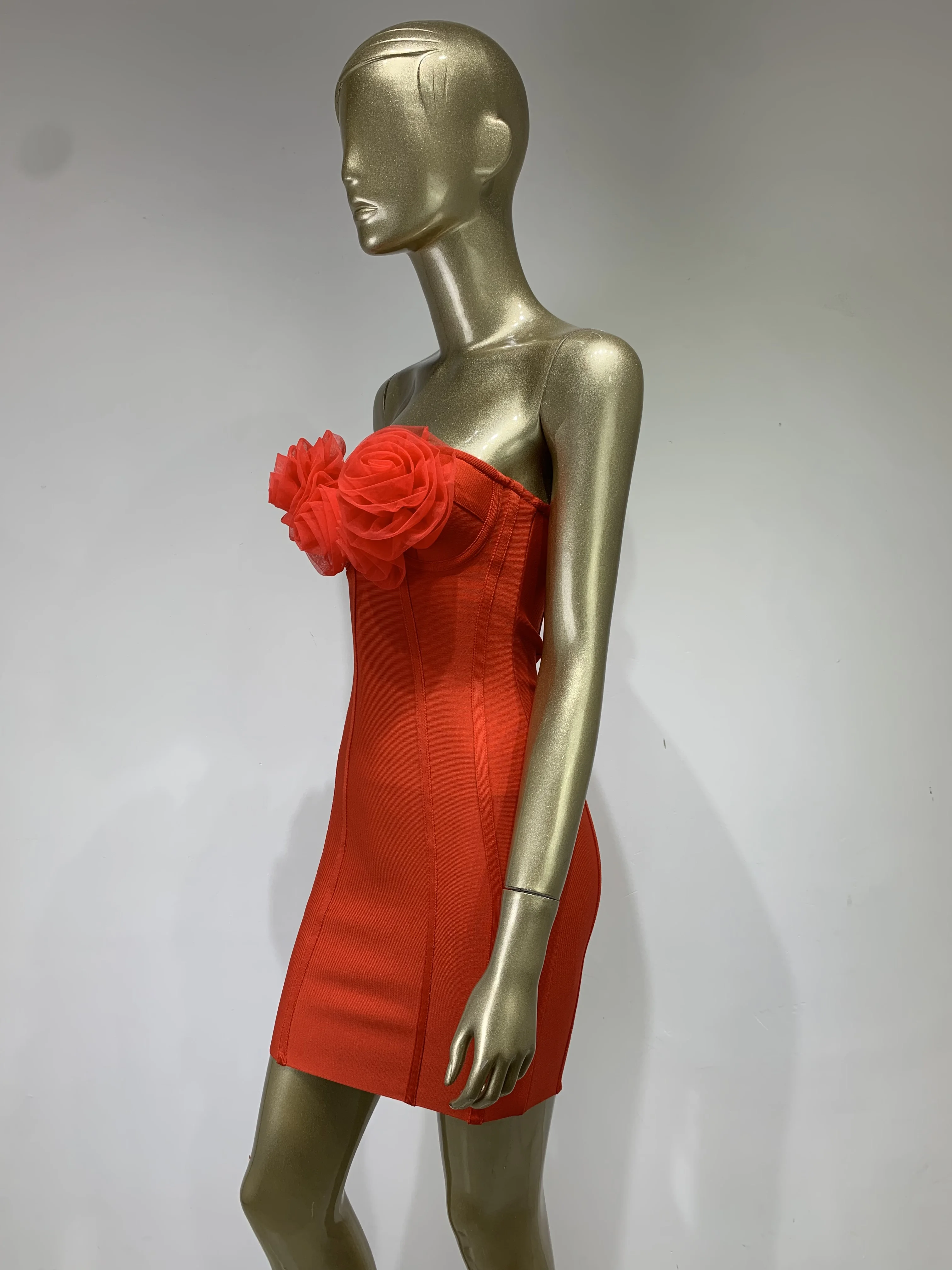 Mini vestido sexy sem alças flor vermelha sem alças feminino, Bodycon, Atadura, Elegante, Tarde, Clube, Festa, Verão, 2023