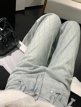 Kobiety Niebieskie Jeansy w kratę Vintage Y2k Spodnie kowbojskie Harajuku Estetyczne spodnie jeansowe Trashy Japońskie ubrania w stylu 2000s 2024