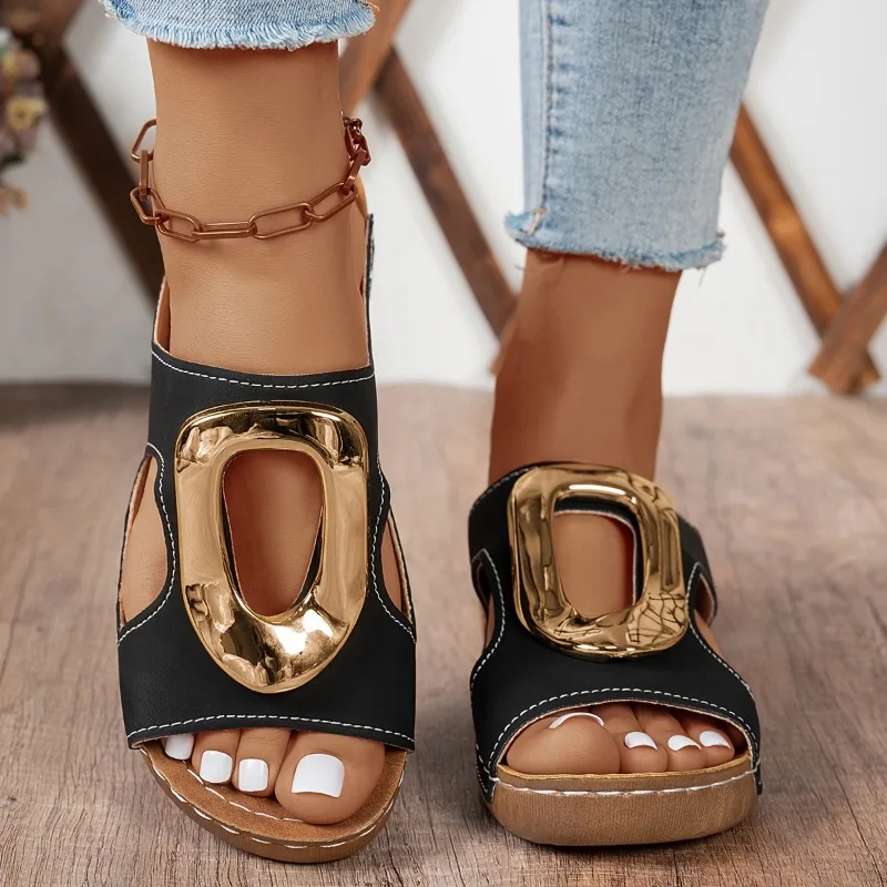 Übergrößen Römische Keilsandalen für Damen Offene Zehen Strandpantoffeln Sommer Neu Goldverzierung Bequeme Outdoor-Sandalen für Frauen