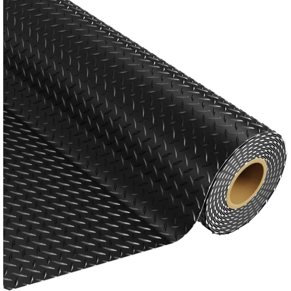 8 * 20 FT Garage Floor Mat, 2.8mm Thicked Flooring Roll Diamond Plate PVC Rubber Trailer Mat, Non-Slip Floor Protector Mat Black